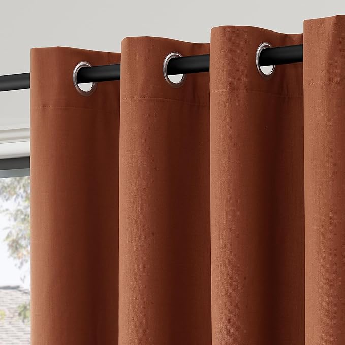 100% Blackout Linen Curtains for Bedroom Thermal Insulated Grommet Complete Blackout Drapes 63 Inch Length 2 Panels Set Heat and Full Light Blocking Living Room Darkening Curtains Terracotta