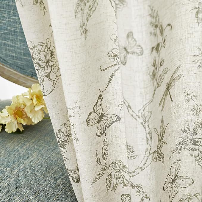 Lazzzy Linen Green Floral Curtains 96 Inch Length Farmhouse Curtain Back Tab Drapes for Living Room Bedroom Light Filtering Vintage Rod Pocket Curtains, 2 Panels, Green on Beige