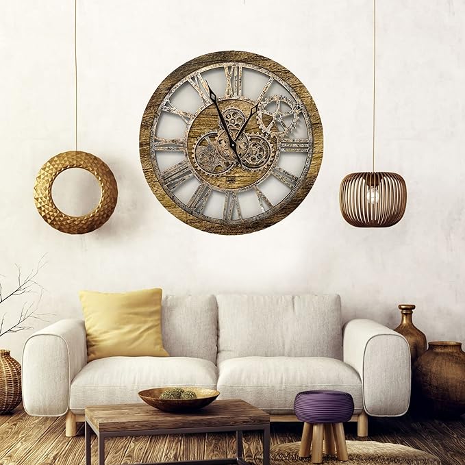 ImprovingLife The Gears Clock The Original Real Moving Gear Wall Clock Vintage Industrial Oversized Rustic Farmhouse (24 inch (60cm),Gold Antique)