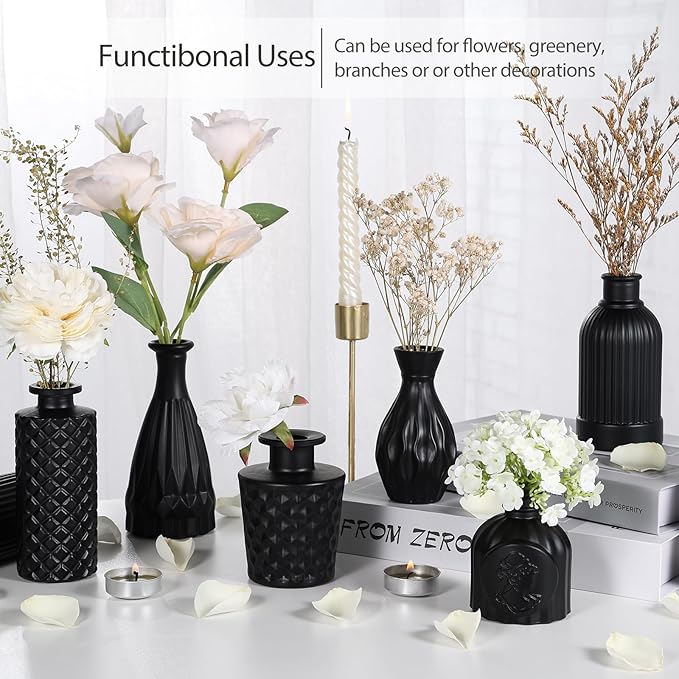 12pcs Glass Black Bud Vases Set, Small Vases for Flowers, Bud Vase for Centerpieces in Bulk, Mini Vintage Vase for Rustic Wedding Decorations, Office and Home Table Flower Décor