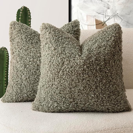 Foindtower 2 Pieces 26x26 Inch Sage Green, Faux Fur Throw Pillow Cover Accent Sherpa Pillow Fuzzy Soft Pillowcases Sheepskin Decorative Fleece Cushion Case for Bed Couch Living Room