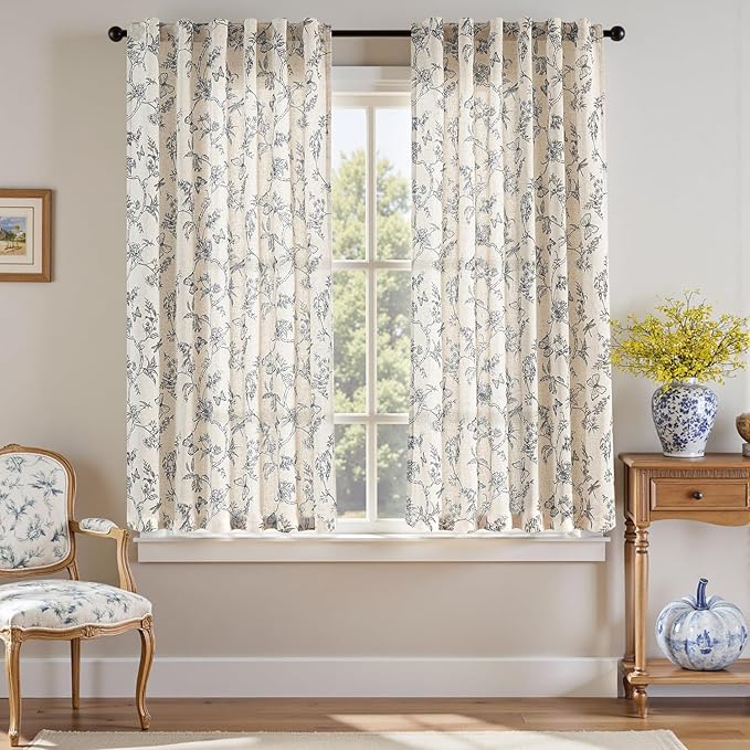 Lazzzy Linen Farmhouse Curtains Blue Floral Curtains 63 Inch Length Back Tab Drapes for Living Room Bedroom Light Filtering Country Vintage Rod Pocket Curtain, 2 Panels, Blue on Beige