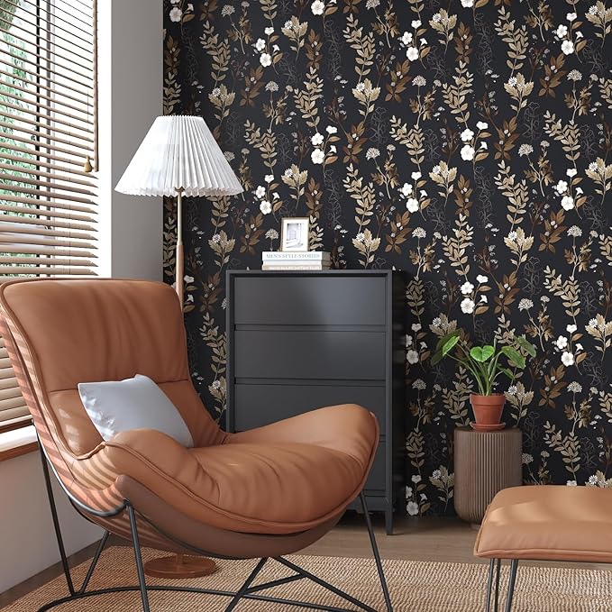 Black Floral Wallpaper Peel and Stick Gold Leaf Contact Paper Leaf Wallpaper Waterproof Self-Adhesive Wall Covering for Bedroom Countertop Desk Cabinets Decor 17.4" x 78"