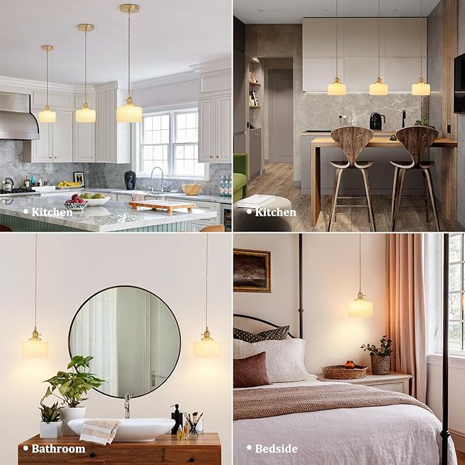 Pendant Light 2 Pack with White Striped Glass Lmapshade, Brass Vintage Pendant Light Adjustable Hanging Light for Kitchen Island Dining Room Hallway