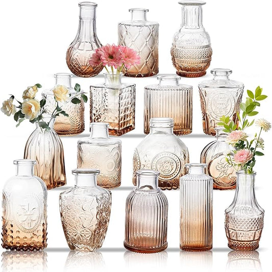 Glass Bud Vase Set of 16, Small Flower Vases, Glass Vases for Centerpieces, Vintage Home Table Decorations Bud Vases (16 Pcs, Amber)
