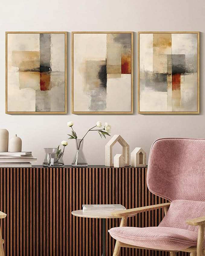 KUVIOKE Framed Abstract Wall Art Minimalist Beige Gray Red Pastel Watercolor Wall Decor Modern Neutral Art Print Home Decor 11x14in (Natural Framed)