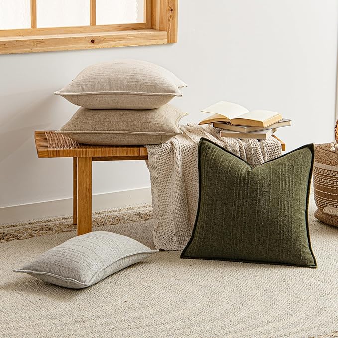 a moment Linen Pillow Covers Set of 2,Boho Farmhouse Throw Pillowcases Neutral Textured Decorative Covers for Couch Sofa, Linen Blend Accent Case Cushion Living Room Home Decor 22"x22" Beige Grey