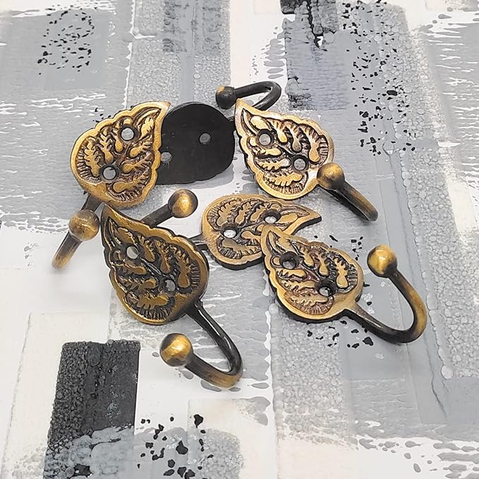Multipurpose Hooks, Used to Hang Clothes, Bags, Coats, Curtain Hold Backs, Keys, Colour - Antique Gold, Material - Brass, Leaf Design, Screws and Wallplugs Included, Pack of 10 Pieces