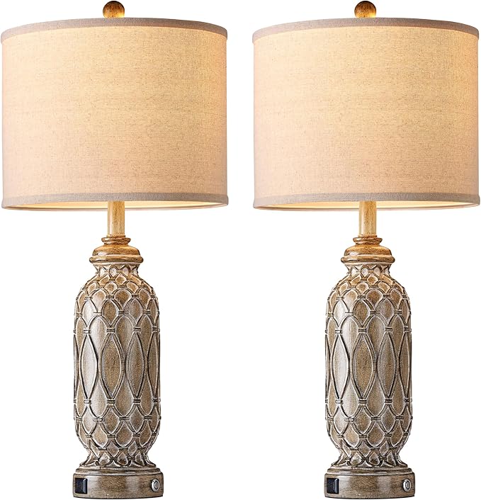 Farmhouse Lamps for Bedroom Set of 2, 28" VintageTable Lamps for Living Room with USB A+C Charging Ports, Touch Lamps for Nightstand, 2 Bulbs Included