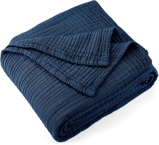 Carriediosa 100% Cotton Muslin Throw Blanket 70" X 80" Twin Size，4-Layers Summer Gauze Throws for Bed Couch，Soft Lightweight Breathable Linen Blankets Bedspread for Adults All Season，Navy Blue