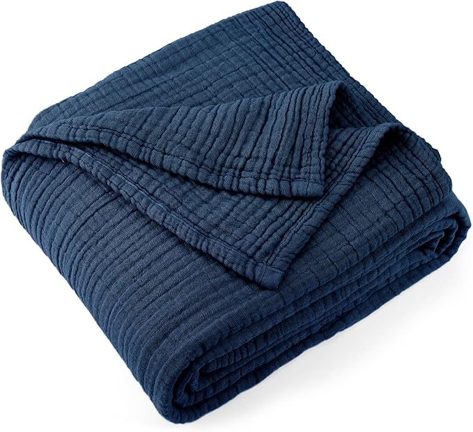 Carriediosa 100% Cotton Muslin Throw Blanket 90" X 90" Queen Size，4-Layers Summer Gauze Throws for Bed Couch，Soft Lightweight Breathable Linen Blankets Bedspread for Adults All Season，Navy Blue