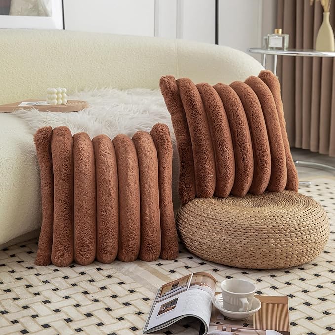 Neelvin Brown Faux Fur Cozy Soft Stripe Decorative Throw Pillow Covers 22x22 inch Set of 2,Velvet Pillowcase Cushion Case for Sofa Couch