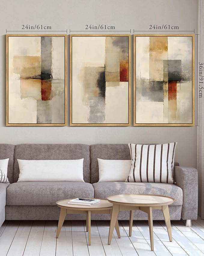 KUVIOKE Framed Abstract Wall Art Minimalist Beige Gray Red Pastel Watercolor Wall Decor Modern Neutral Art Print Home Decor 24x36in (Natural Framed)