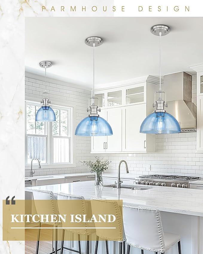 Pendant Lights Kitchen Island, 7.5" Farmhouse Pendant Lighting with Blue Seeded Glass Shade, Vintage Hanging Light Fixtures for Dining Room, Brushed Nickel Finish, AD-22151-1P-SN-BL