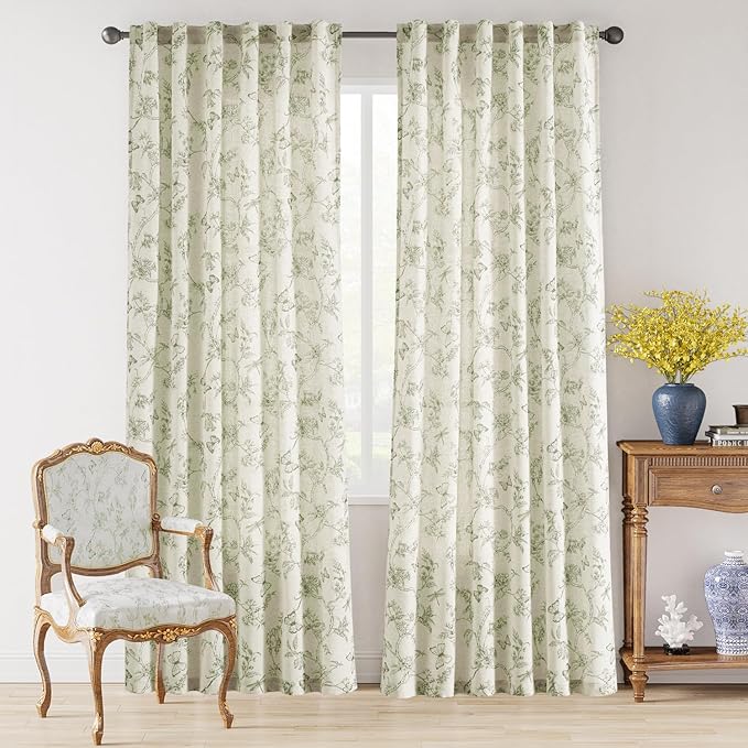 Lazzzy Linen Green Floral Curtains 90 Inch Length Farmhouse Curtain Back Tab Drapes for Living Room Bedroom Light Filtering Vintage Rod Pocket Curtains, 2 Panels, Green on Beige