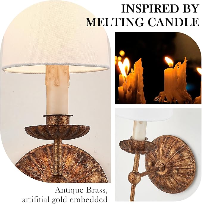 Wall Sconces Set of 2 Antique Brass Wall Lights Vintage Farmhouse Off-White Fabric Wall Lamp for Vanity Stairway Fireplace Living Room Bedside Passway Hallway