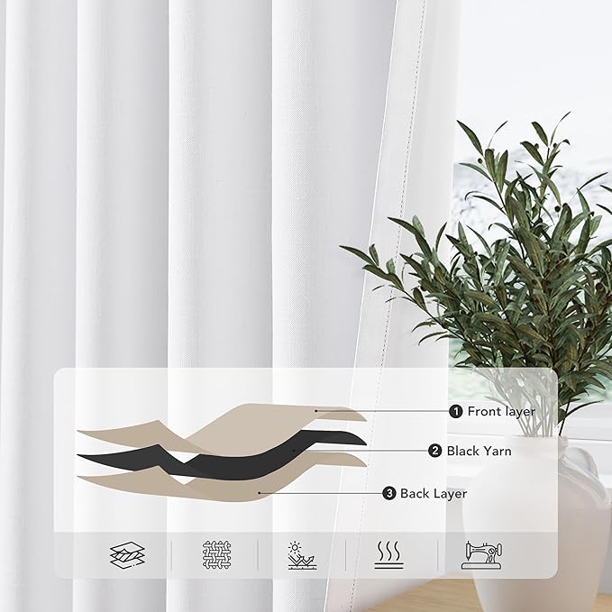 Pure White Linen Blackout Curtains 108 inches Long for Living Room Grommet Pure White Black Out Bedroom Curtain Drapes Sound Dampening Modern Elegant Textured Room Darkening Curtain 108 Length 9 Ft