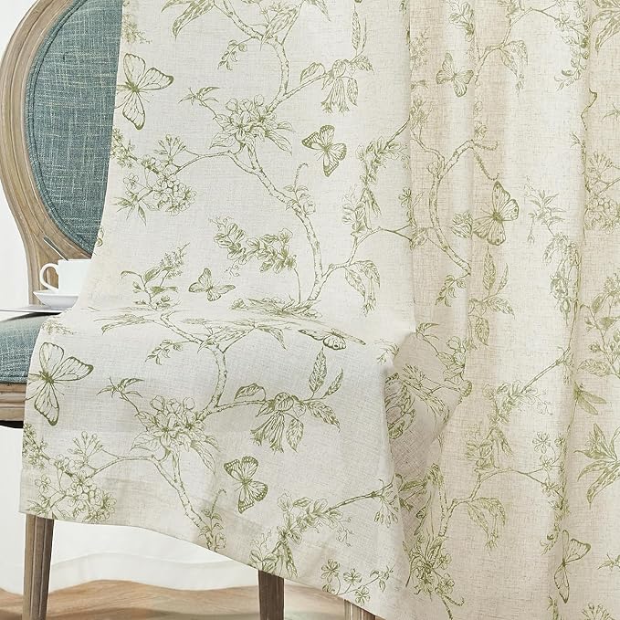 Lazzzy Linen Green Floral Curtains 90 Inch Length Farmhouse Curtain Back Tab Drapes for Living Room Bedroom Light Filtering Vintage Rod Pocket Curtains, 2 Panels, Green on Beige