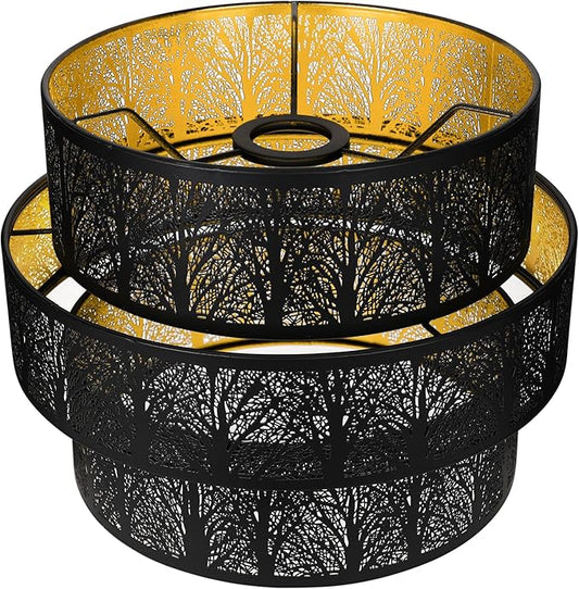 3-tier Drum Lampshade, ALUCSET Metal Lamp Shades for Pendant Lamp Floor Lamp Chandelier, Replacement Shade 11.8'' Width x 9'' High, UNO Fitter, Black Gold Etched Forest Design