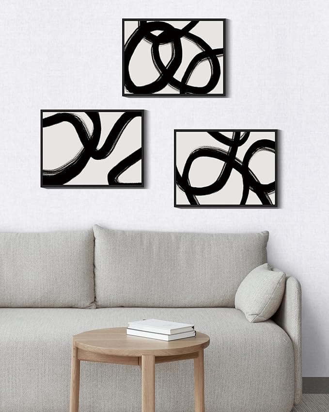 KUVIOKE Black and White Abstract Framed Wall Art Minimalist Ink Wash Lines Painting Artwork for Bedroom Hallway 11x14in (Black Framed)