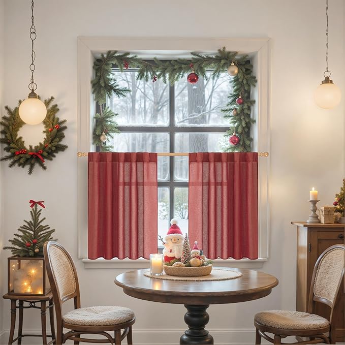 YoungsTex Red Linen Kitchen Curtains for Window Over Sink, Short Semi Sheer Drapes with Rod Pocket Back Tab Light Filtering Christmas Decor for Bathroom Cafe, 2 Panels, 42 X 36 Inch