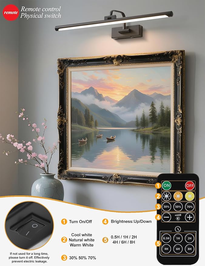 Picture Lights for Wall Battery Operated, Rechargeable Light for Pictures with Remote & Timer, Black Art Light for Paintings 24 Inch Wireless Dimmable Cordless Gallery Lights with 3 Color Temperatures