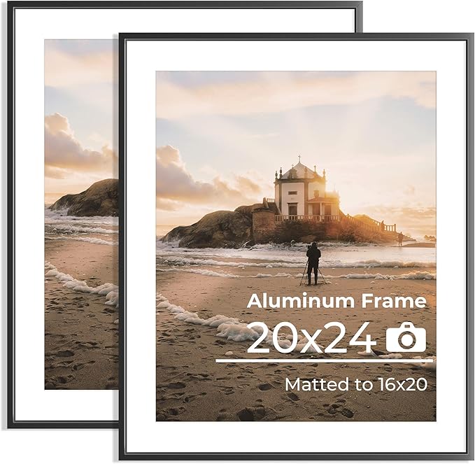20x24 Picture Frame, 20x24 Metal Picture Frame With Mat For 16x20 Photo, Aluminum Metal Poster Frame with High Definition Plexiglass, Display for Wall Mounting or Tabletop Pack of 2,Black