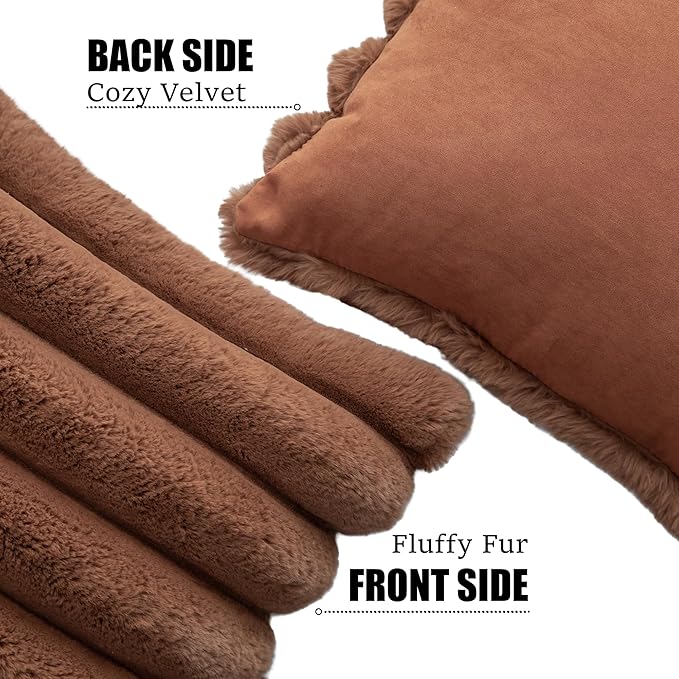 Neelvin Brown Faux Fur Cozy Soft Stripe Decorative Throw Pillow Covers 22x22 inch Set of 2,Velvet Pillowcase Cushion Case for Sofa Couch