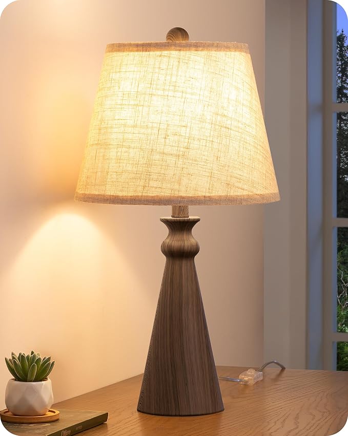 EDISHINE 21.85" Farmhouse Table Lamp, Rustic Bedside Lamp, Water Transfer Walnut Wood Grain Metal Base, Beige Linen Shade, Minimalist Nightstand Lamp for Living Room, Bedroom, Office, E26 Base