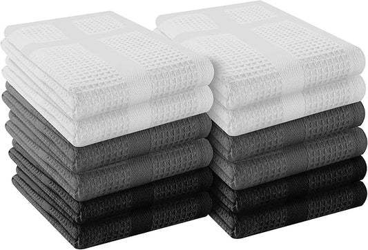 12 Pack Multi Color Waffle Weave Kitchen Towels, 16x26 Inch, 100% Cotton, Super Absorbent, Quick Dry, Hand Towels for Drying Dishes, Cleaning, Durable - White, Grey, Black