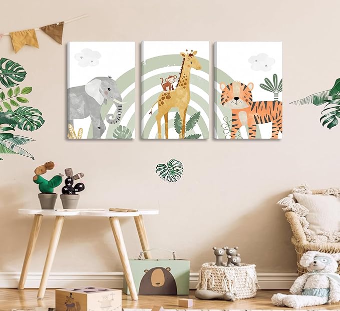 3Pcs Framed Safari Animals Canvas Wall Art elephant tiger giraffe Posters Prints Bohemian Rainbow elements Paintings Pictures wall decor for Nursery Baby Bedroom Decorations