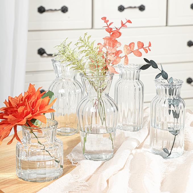 Modern Clear Glass Vase Set - 9Pcs Small Handmade Flower Vases, Decorative Mini Bud Vases for Wedding Reception, Dining Table, and Home Decor - Perfect for Single Stem Flowers