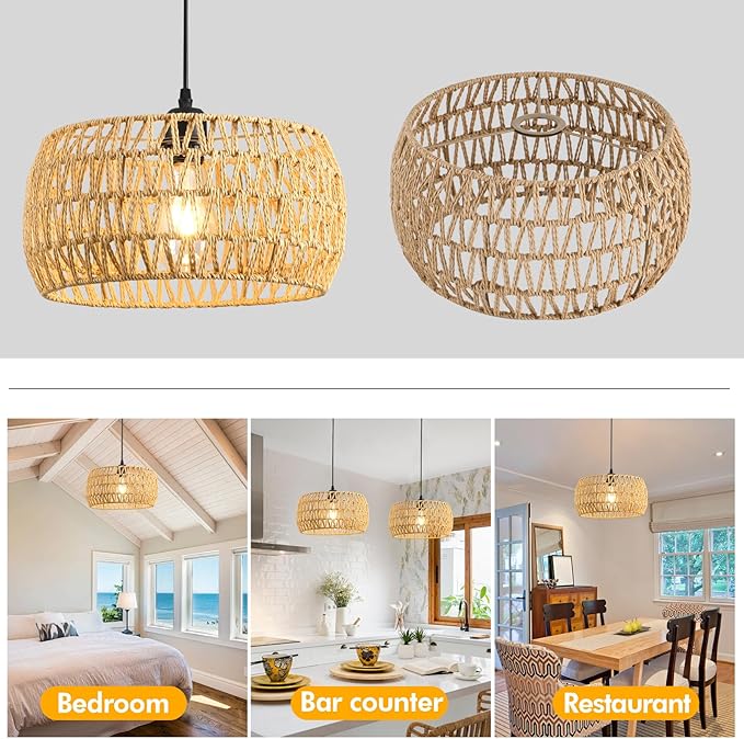 13" Rattan Lamp Shade, Bohemian Handmade Woven Lampshade for Kitchen Island Dining Room Living Room Farmhouse Rattan Hanging Lamp Shade 1 -Pack
