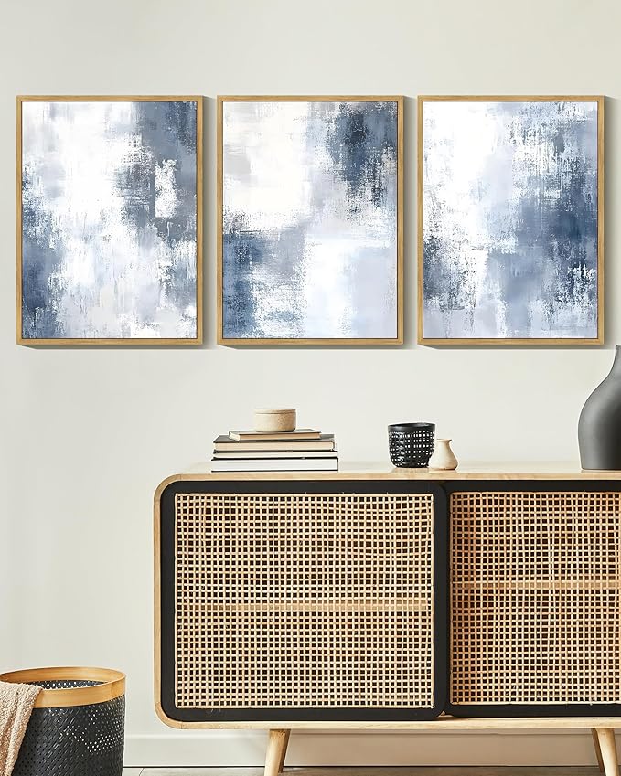 KUVIOKE Navy Blue and Gray Abstract Framed Canvas Wall Art Brush Strokes Block Shape Pastel Wall Decor Modern Minimalist Art Painting Home Decor 11x14in (Natural Framed)