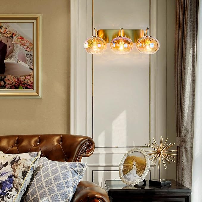 23" Brushed Gold Vanity Light Stained Amber Hammered Glass Wall Sconce 3-Light Brass Wall Lamp for Hallway Living Room Stairwell Bathroom Over Mirror