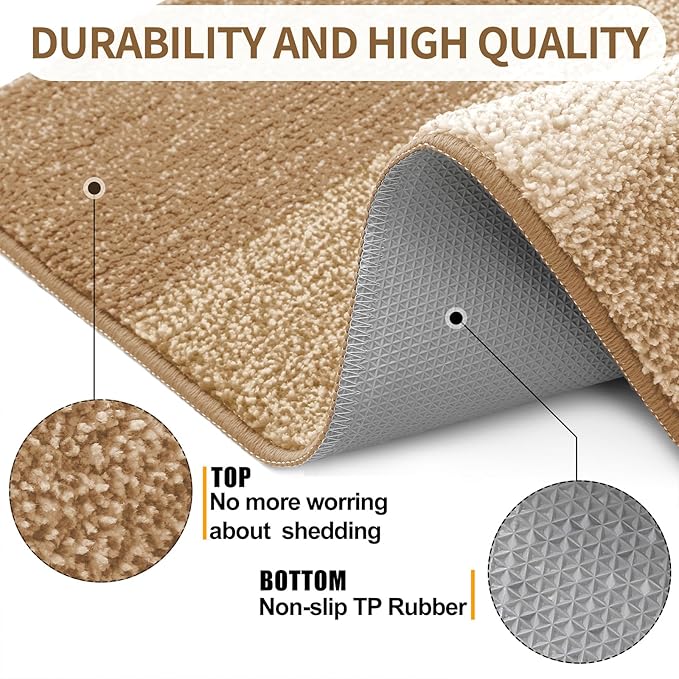 Kitinjoy Indoor Outdoor Door Mat, 59x36 Non-Slip Absorbent Dirt Trapper, Low-Profile Washable Inside Entrance Front Floor Mat, Sturdy Soft Entry Doormats for Entryway, Camel