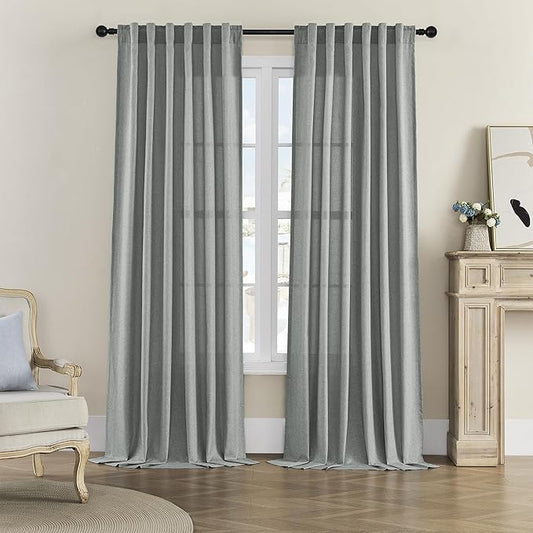 Back Tab and Rod Pocket Linen Curtains 102 Inch Length 2 Panels Set, Light Filtering Semi Sheer Farmhouse Boho Curtains & Drapes for Bedroom Living Room, W50 x L102，Dove Grey