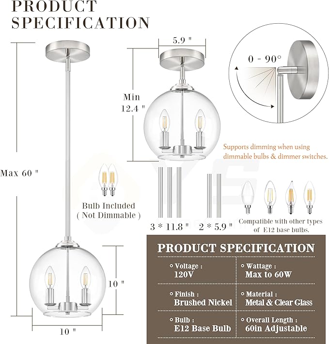 10" Globe Pendant Lights Kitchen Island Glass Globe Pendant Light Fixture Bedroom Mid Century Modern Pendant Lighting Nickel Pendant Light for Kitchen Island Dinning Room (Bulb Incl.)