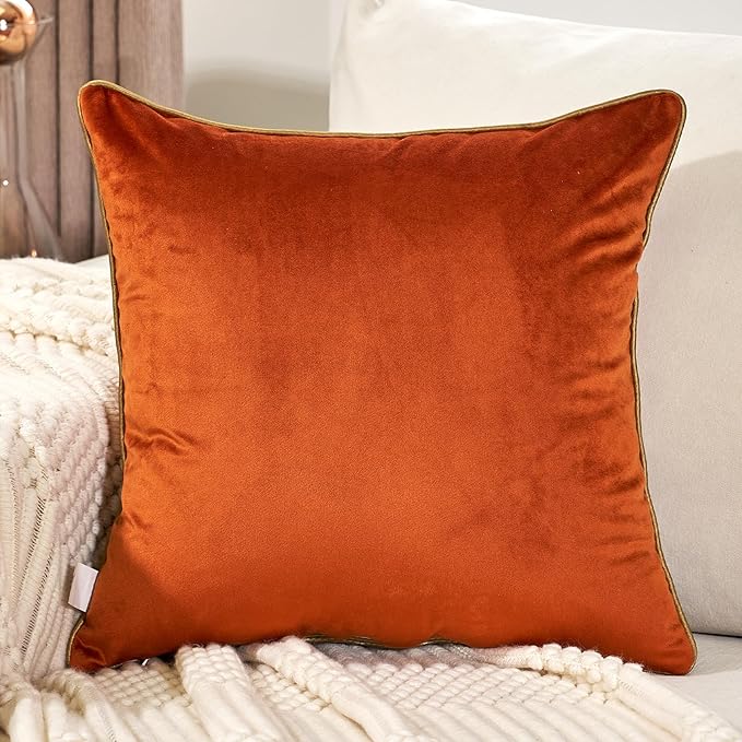 Aeckself 16 x 16 Inch Orange Gold Plaid Geometric Stripes Embroidery Velvet Cushion Case Luxury Modern Square Throw Pillow Cover Pillowcase for Couch Living Room Bedroom Car 40 x 40cm