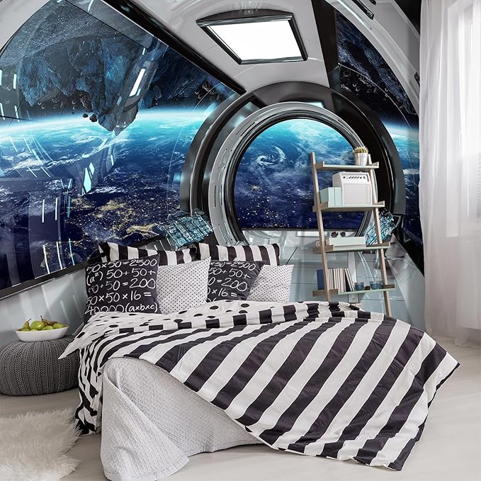 -3D Capsule Space Fabric Wallpaper Living Room Bedroom Bathroom Boys Girls Children's Room Spaceship Large Mural- 160"x108"（ not Peel and Stick）