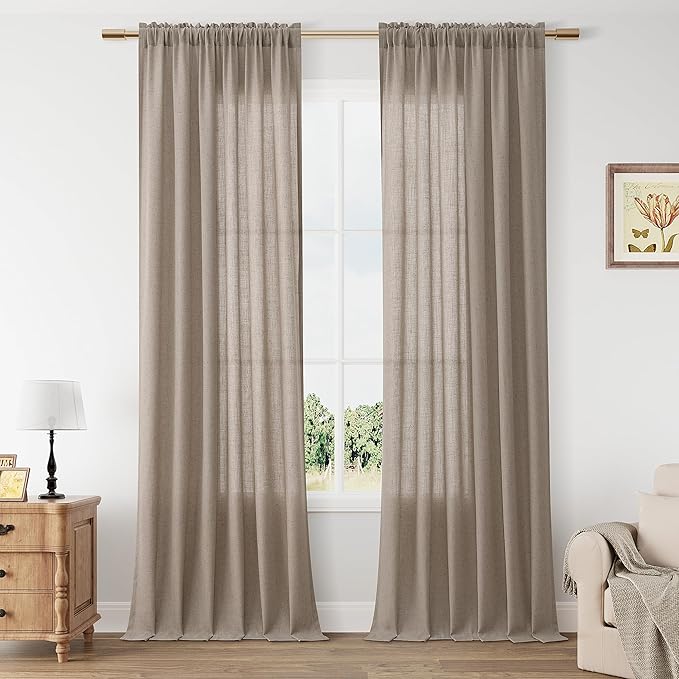 Guken Khaki Linen Curtains 84 Inches Long 2 Panel Set Rod Pocket Semi Sheer Dining Room Cozy Bedroom Decor Cotton Look Country Rustic Farmhouse Boho Curtains 52x84