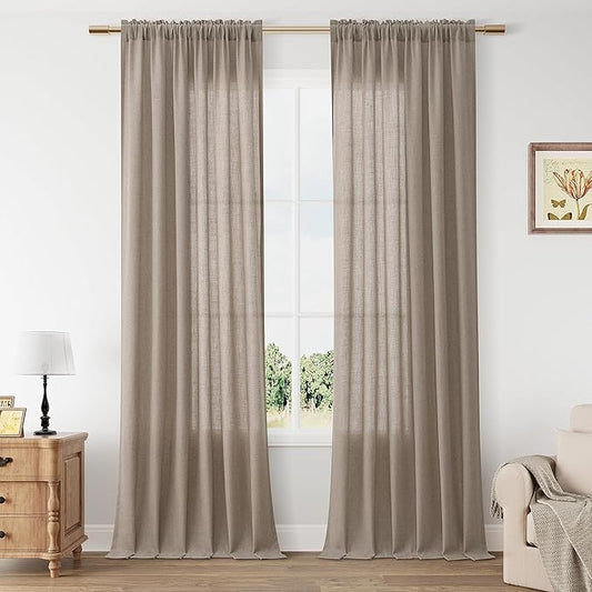 Guken Khaki Linen Curtains 84 Inches Long 2 Panel Set Rod Pocket Semi Sheer Dining Room Cozy Bedroom Decor Cotton Look Country Rustic Farmhouse Boho Curtains 52x84