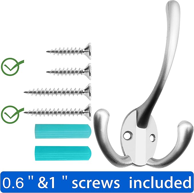 IBosins 6 Pack Big Heavy Duty Three Prongs Coat Hooks Wall Mounted with 24 Screws (Two Types of Screws Included) Retro Double Utility Rustic Hooks for Thick Coat, Big Heavy Bags (Matte Nickel)