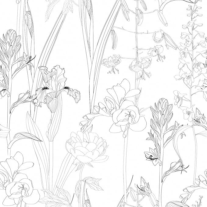 WESTICK Black White Floral Wallpaper Chinoiserie Sketch Floral Contact Paper Modern Iris Flower Peel and Stick Wallpaper for Bedroom Accent Walls Living Room Bathroom Laundry Room Cabinets 17.5"x100"