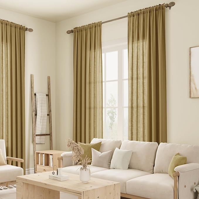 Guken Gold Linen Curtains 84 Inches Long 2 Panel Set Rod Pocket Semi Sheer Dining Room Cozy Bedroom Decor Cotton Look Country Rustic Farmhouse Boho Curtains 52x84
