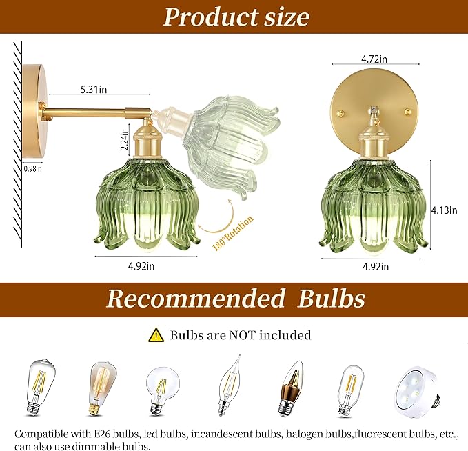 Vintage Battery Operated Wall Sconce with Remote Control,Wall Lamp with Flower lampshade,Rechargeable Battery Powered Wall Lights with 15 Colors for Beside Bedroom Living Room Doorway,Flower Green