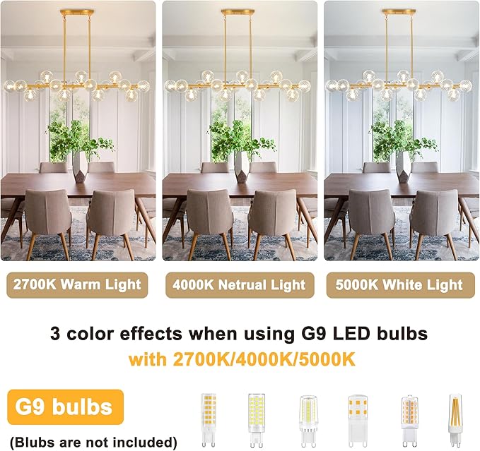 Modern Chandeliers for Dining Room Clear Glass 55" Large Dining Room Light Fixture, Gold Linear Sputnik Chandeliers Farmhouse Chandelier Kitchen Island, Electroplated Brass and Swirled Globe Shade