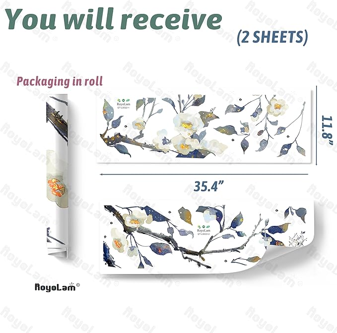 Camellia Flower Tree Wall Decals Living Room Floral Wall Stickers Removable Peel and Stick Waterproof Wall Art Decor Stickers for Bedroom Bathroom Office