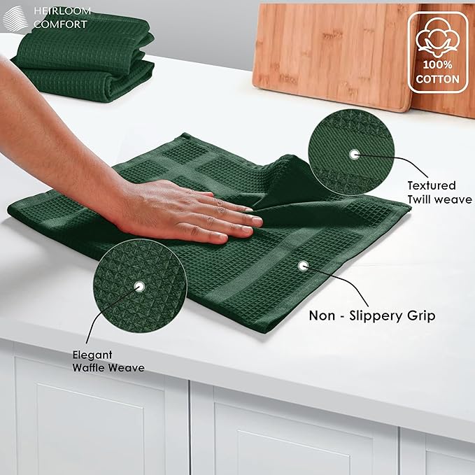 12 Pack Waffle Weave Kitchen Towels, 16x26 Inch, 100% Cotton, Absorbent Dishcloth Set, Quick Dry, Soft for Cleaning, Wiping, Hand Towels, Dish Rags, Wash Cloth, Durable, Forest Green