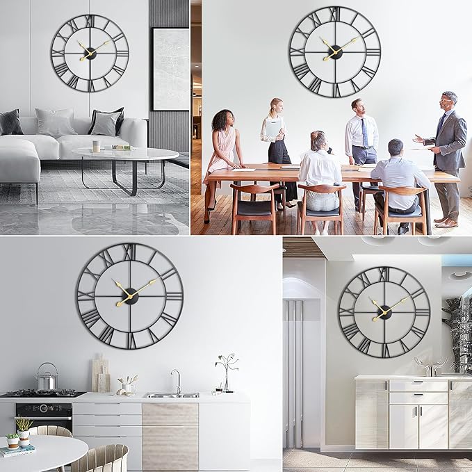 Large Wall Clock, 24-Inch Roman Numeral Decorative Art,Completely Silent, Non Ticking, Battery-Operated Metal Wall Clock for Living Room, Bedroom and Kitchen-Black&Gold Hands